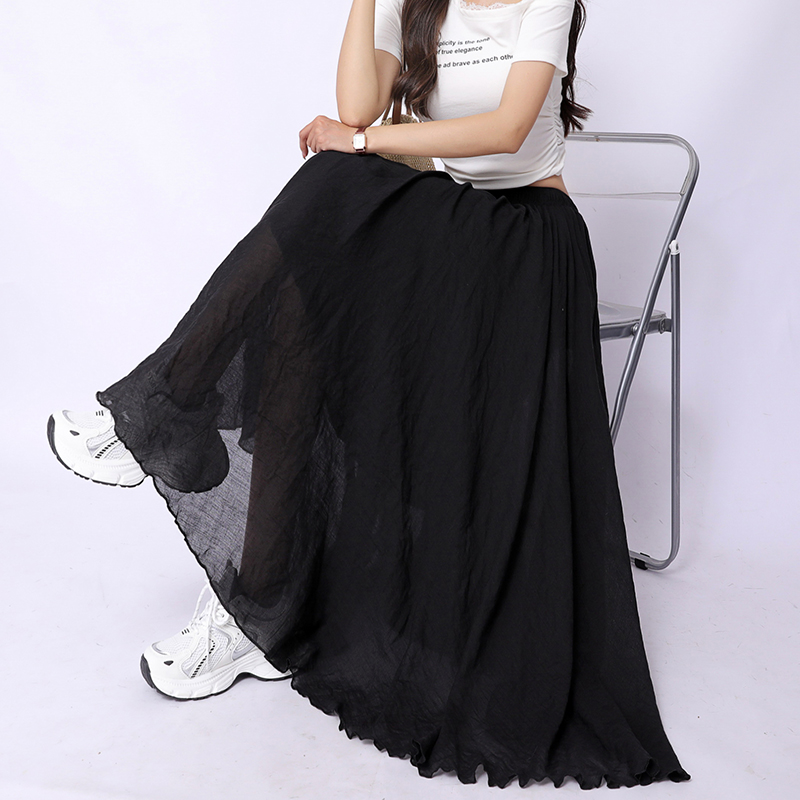 Slim high waist long A-line fold cotton linen summer skirt