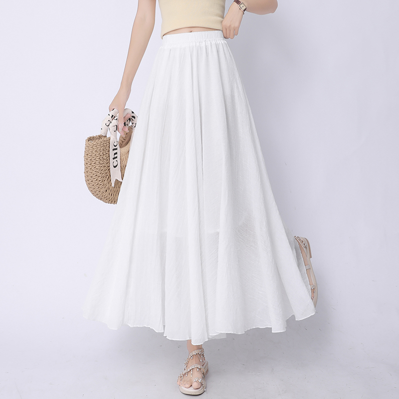 Slim high waist long A-line fold cotton linen summer skirt