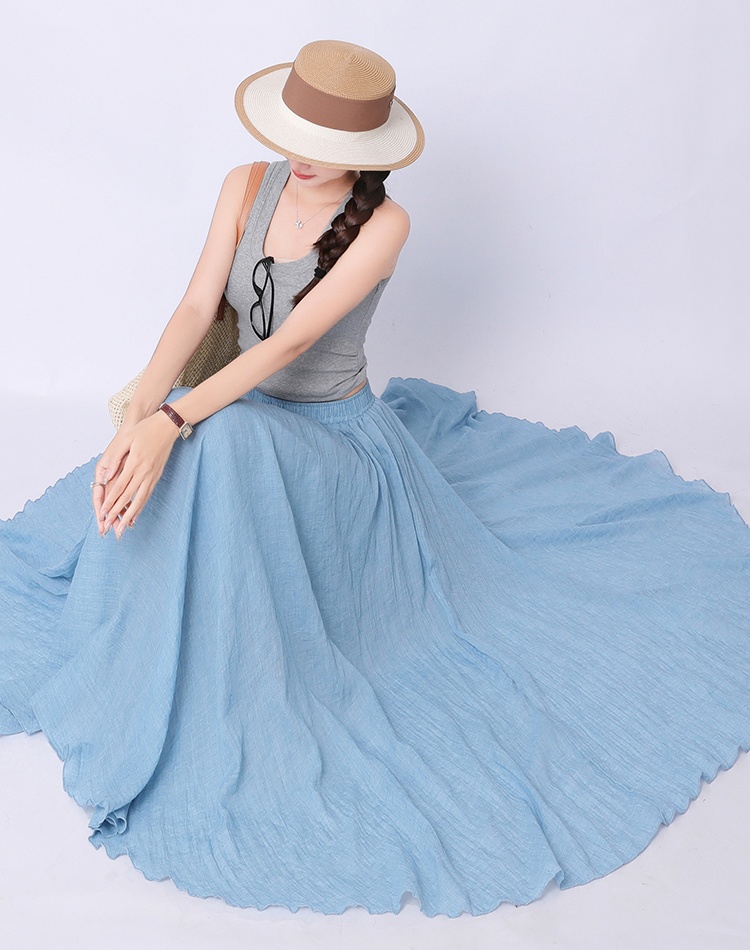 Slim high waist long A-line fold cotton linen summer skirt