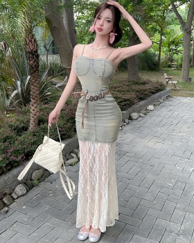 Lace splice long dress wrapped chest spicegirl dress for women