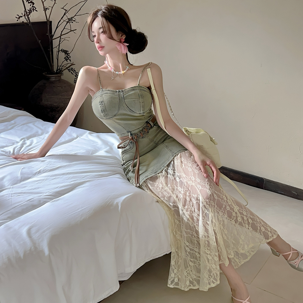 Lace splice long dress wrapped chest spicegirl dress for women