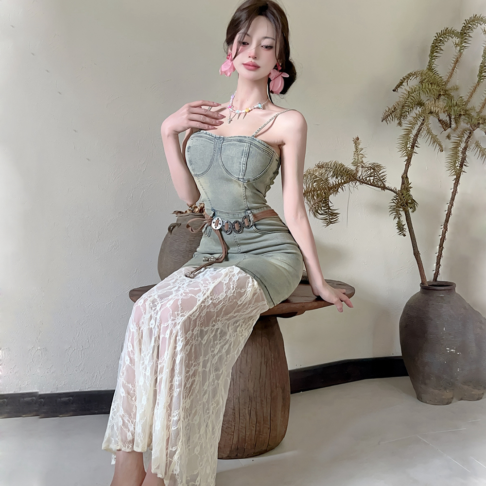 Lace splice long dress wrapped chest spicegirl dress for women
