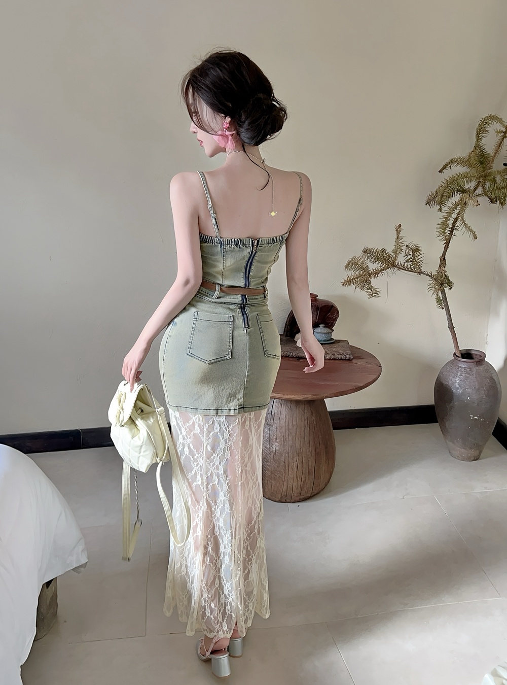 Lace splice long dress wrapped chest spicegirl dress for women