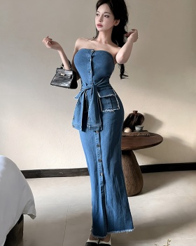Bandage pinched waist long dress slim France style dress