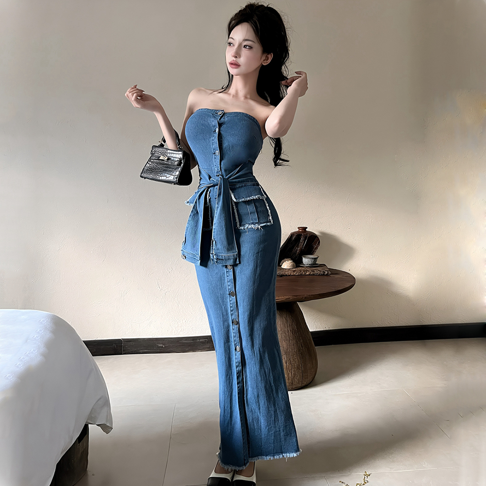 Bandage pinched waist long dress slim France style dress