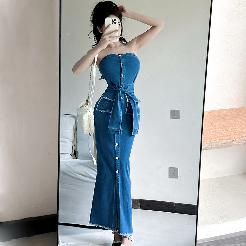 Bandage pinched waist long dress slim France style dress