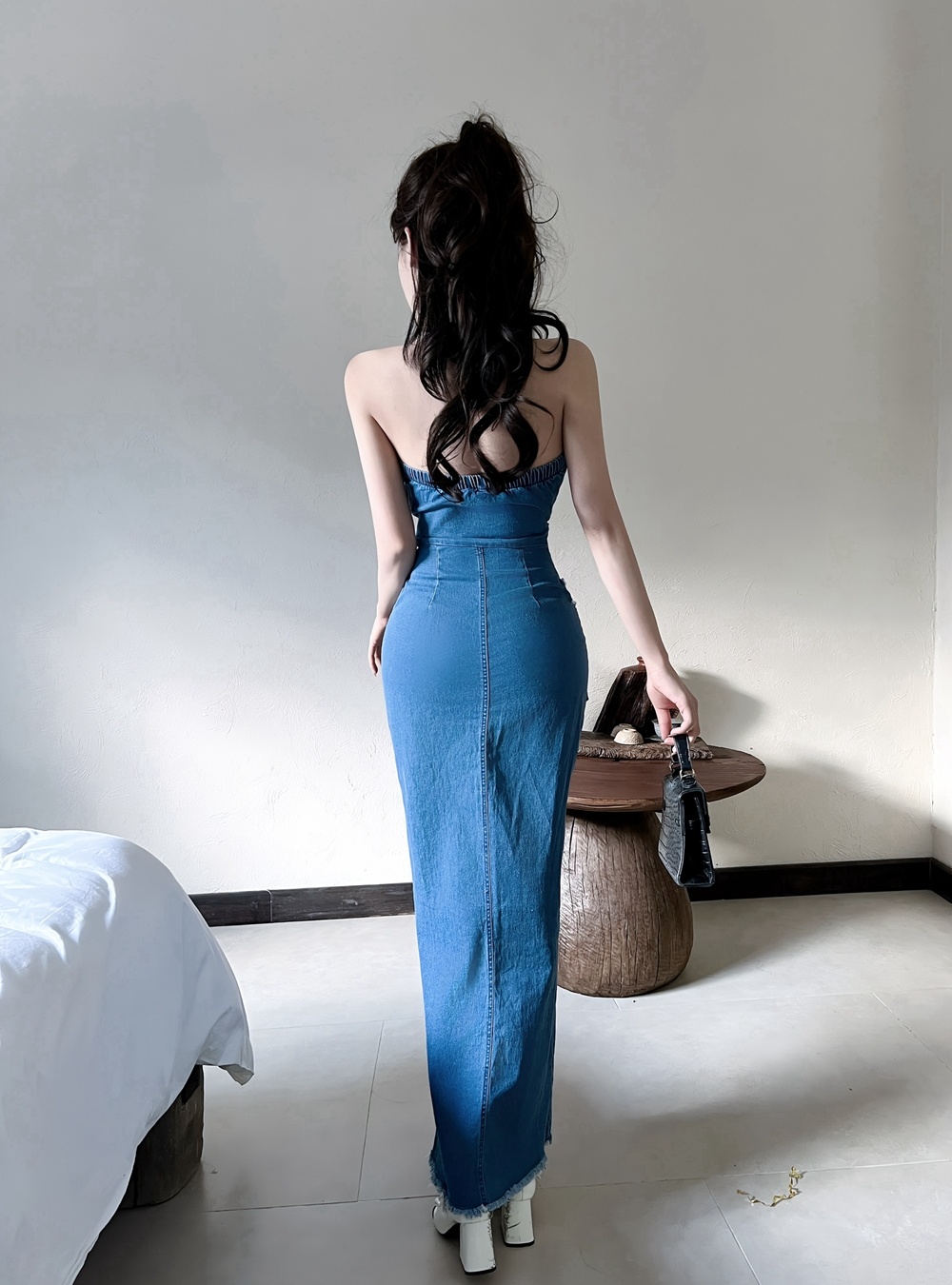 Bandage pinched waist long dress slim France style dress
