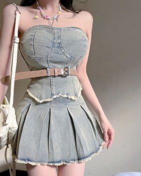 Summer wrapped chest skirt denim retro tops 2pcs set for women