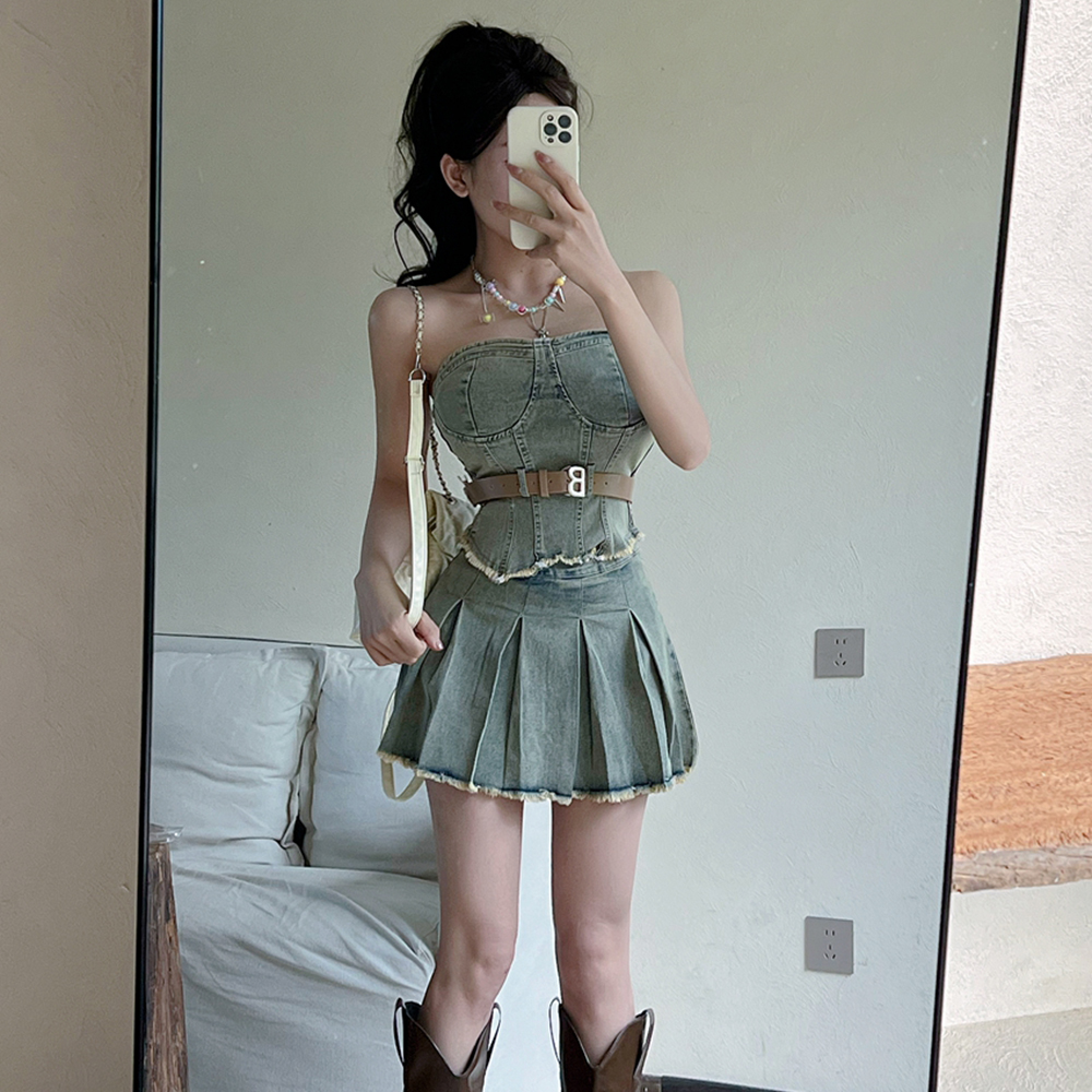 Summer wrapped chest skirt denim retro tops 2pcs set for women