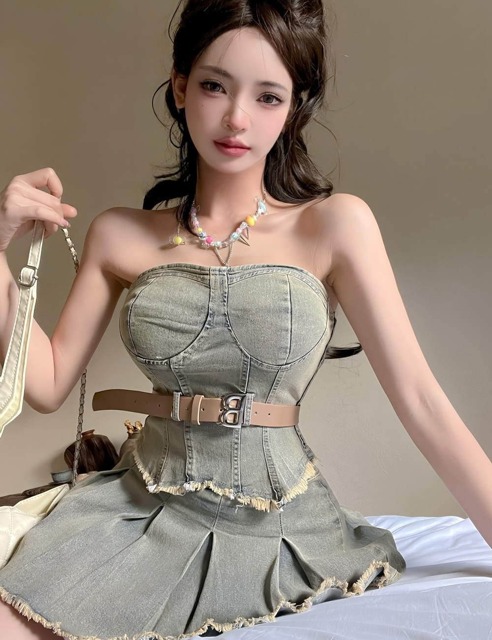 Summer wrapped chest skirt denim retro tops 2pcs set for women