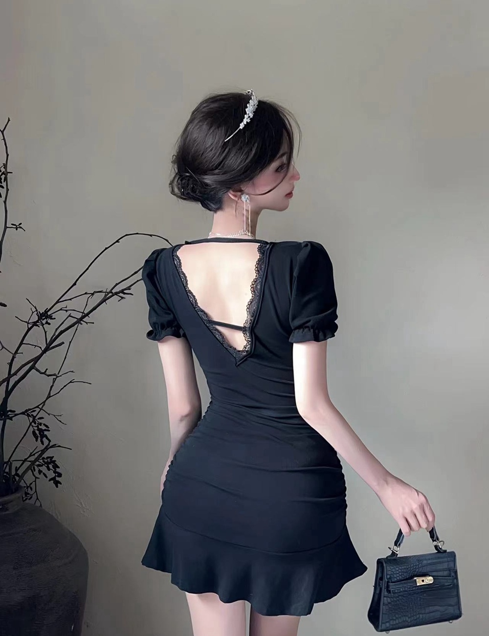 Niche pinched waist package hip dress summer slim T-back