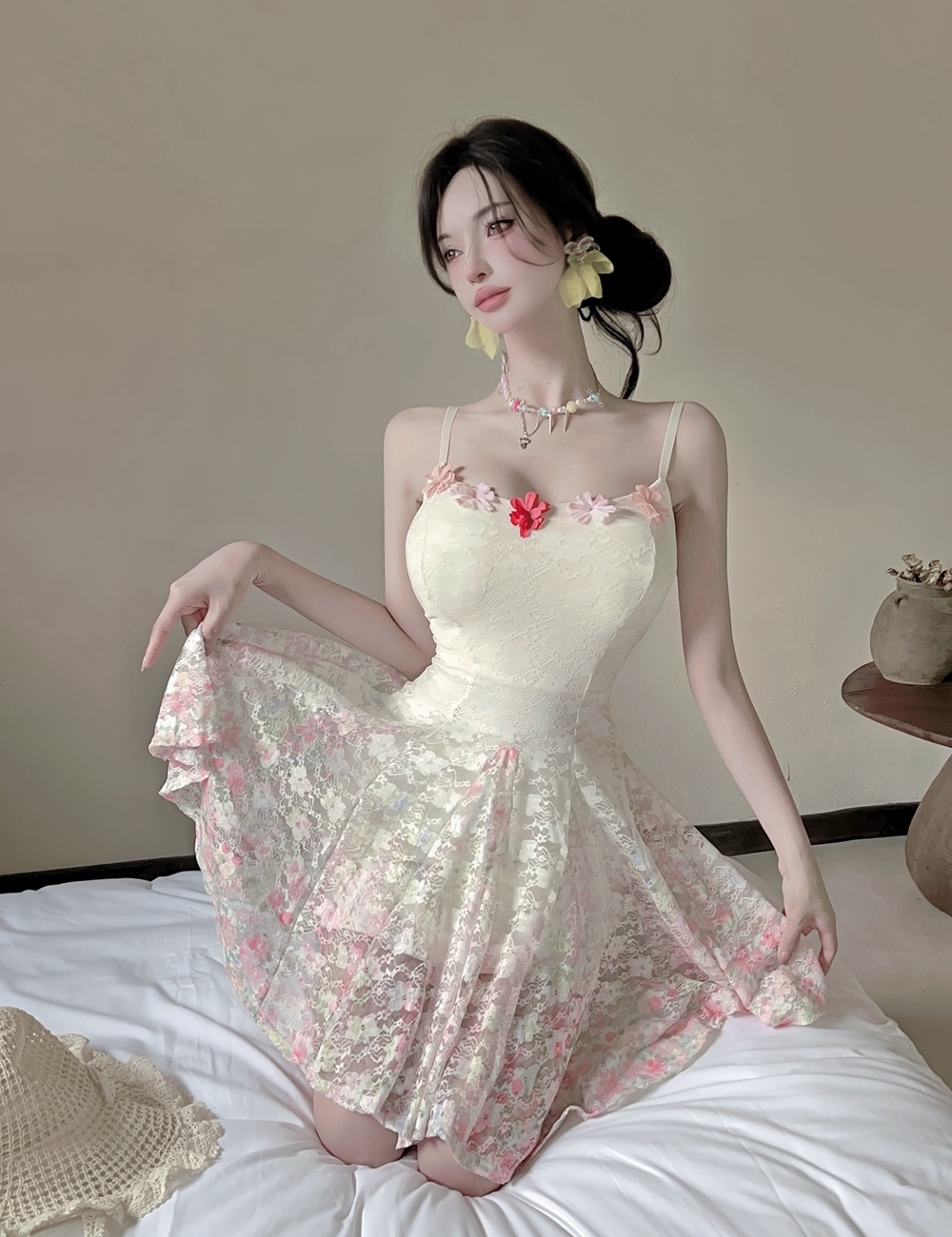 Sling blooming floral dress enticement lace T-back for women