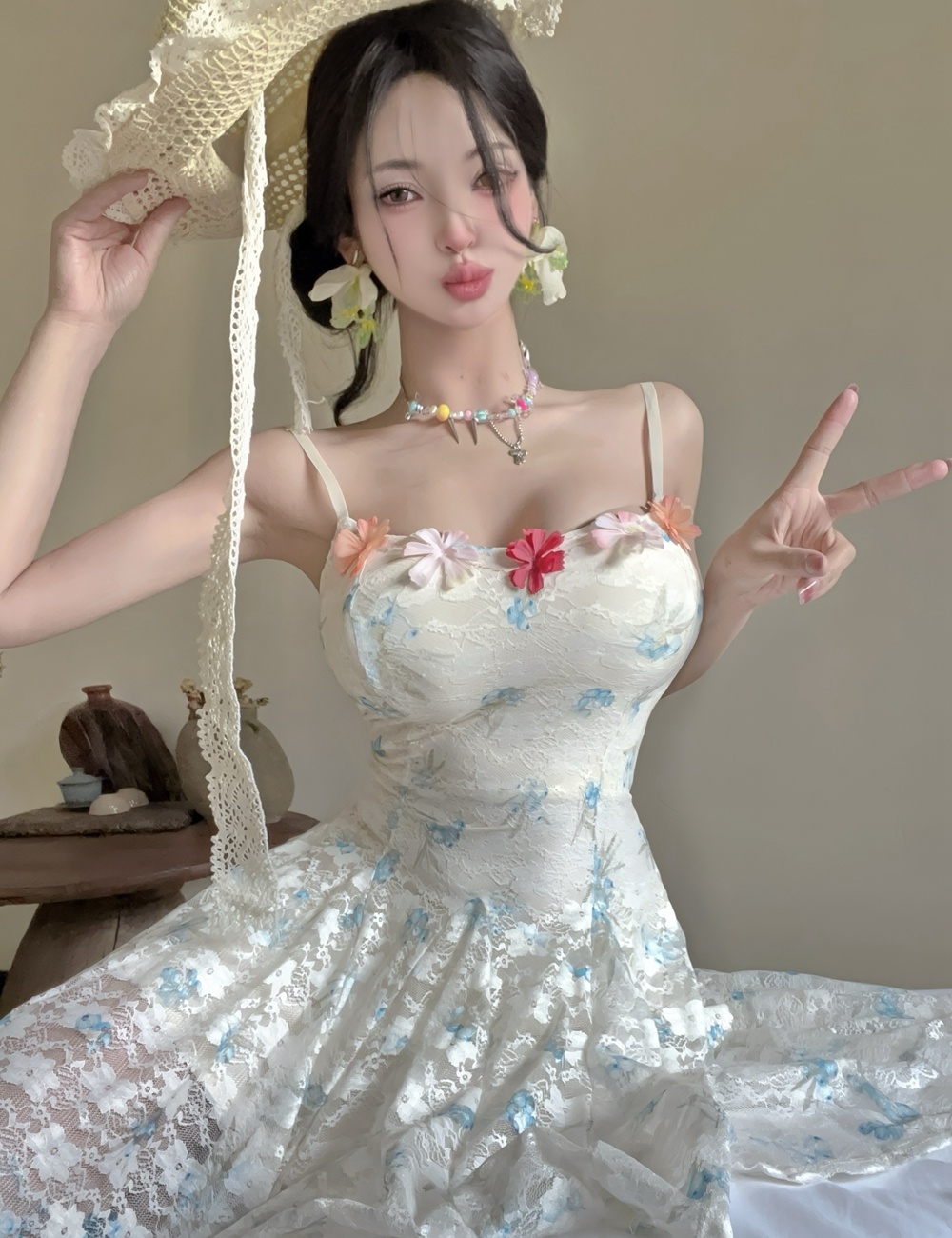 Sling blooming floral dress enticement lace T-back for women
