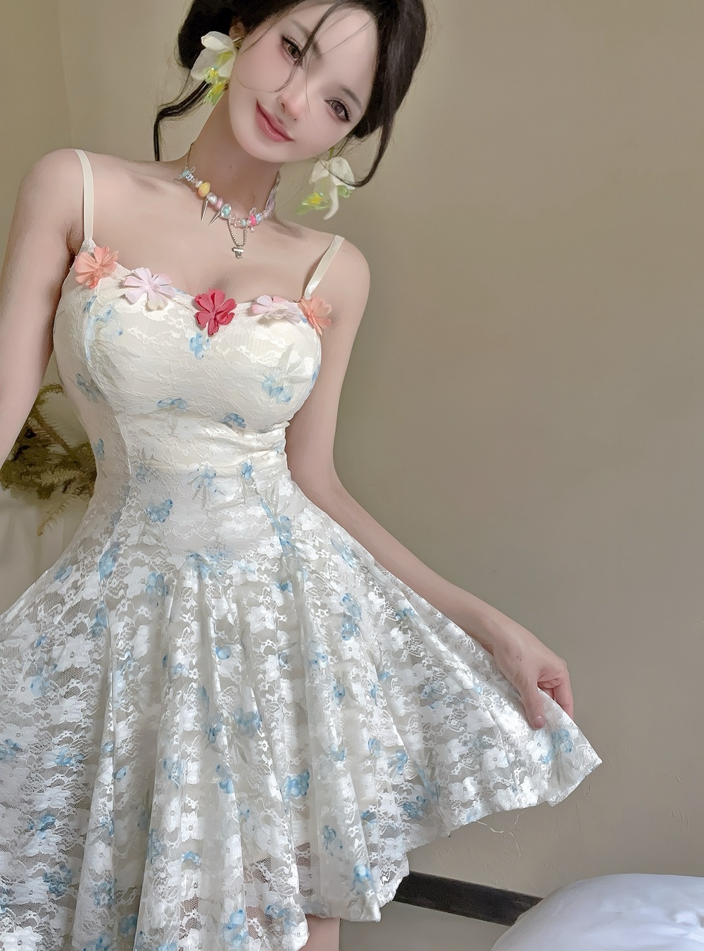 Sling blooming floral dress enticement lace T-back for women