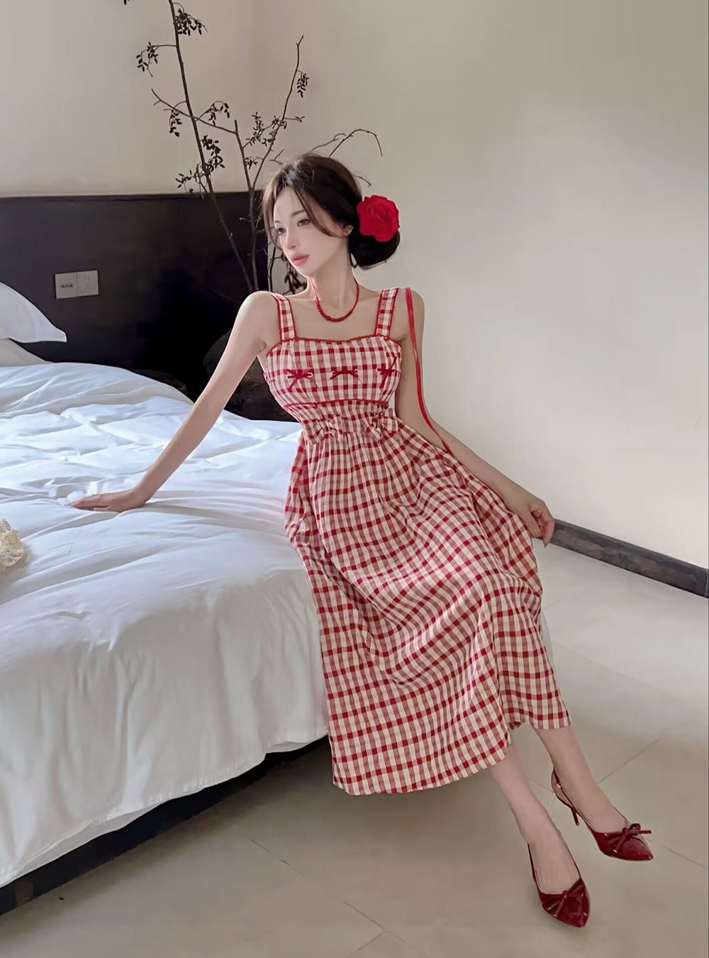Plaid strap strap dress sweet style dress for women