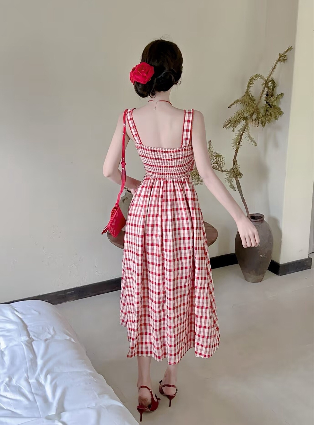 Plaid strap strap dress sweet style dress for women