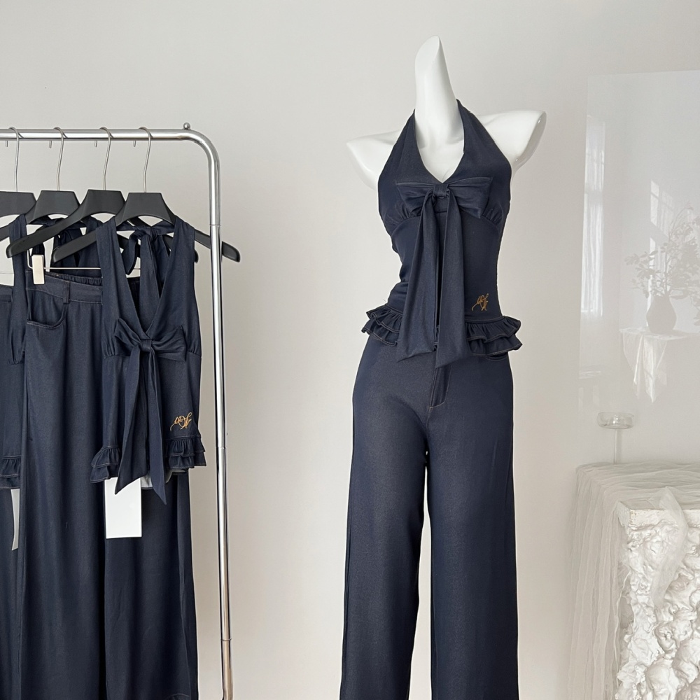 Korean style bow tops commuting sleeveless jeans a set