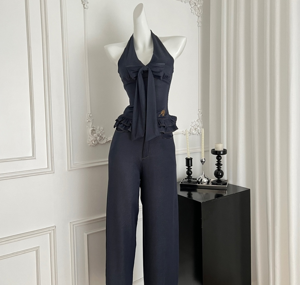Korean style bow tops commuting sleeveless jeans a set