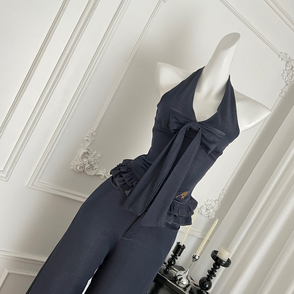 Korean style bow tops commuting sleeveless jeans a set