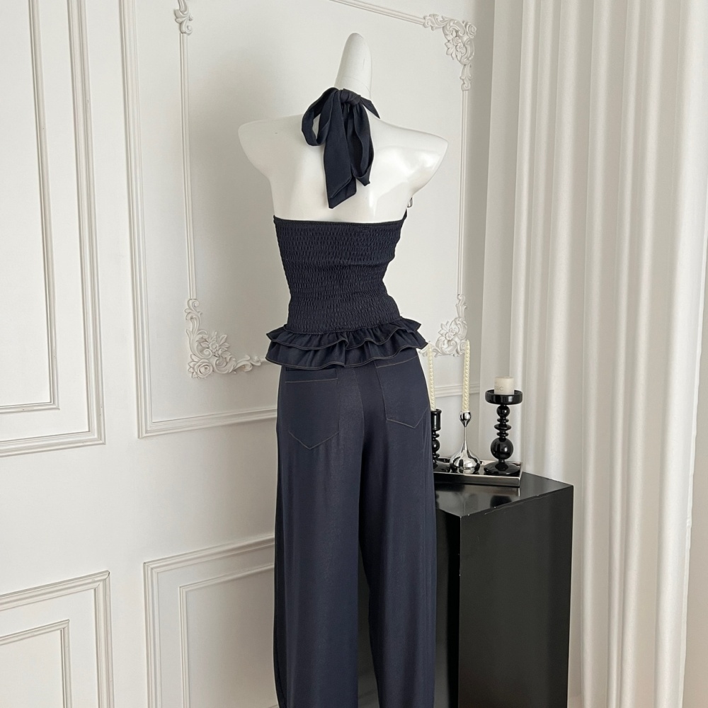 Korean style bow tops commuting sleeveless jeans a set