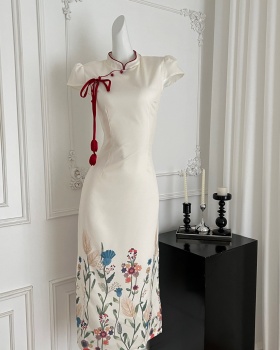 Cotton linen printing cheongsam summer dress for women