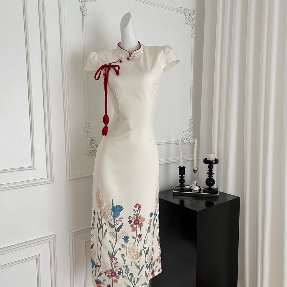 Cotton linen printing cheongsam summer dress for women