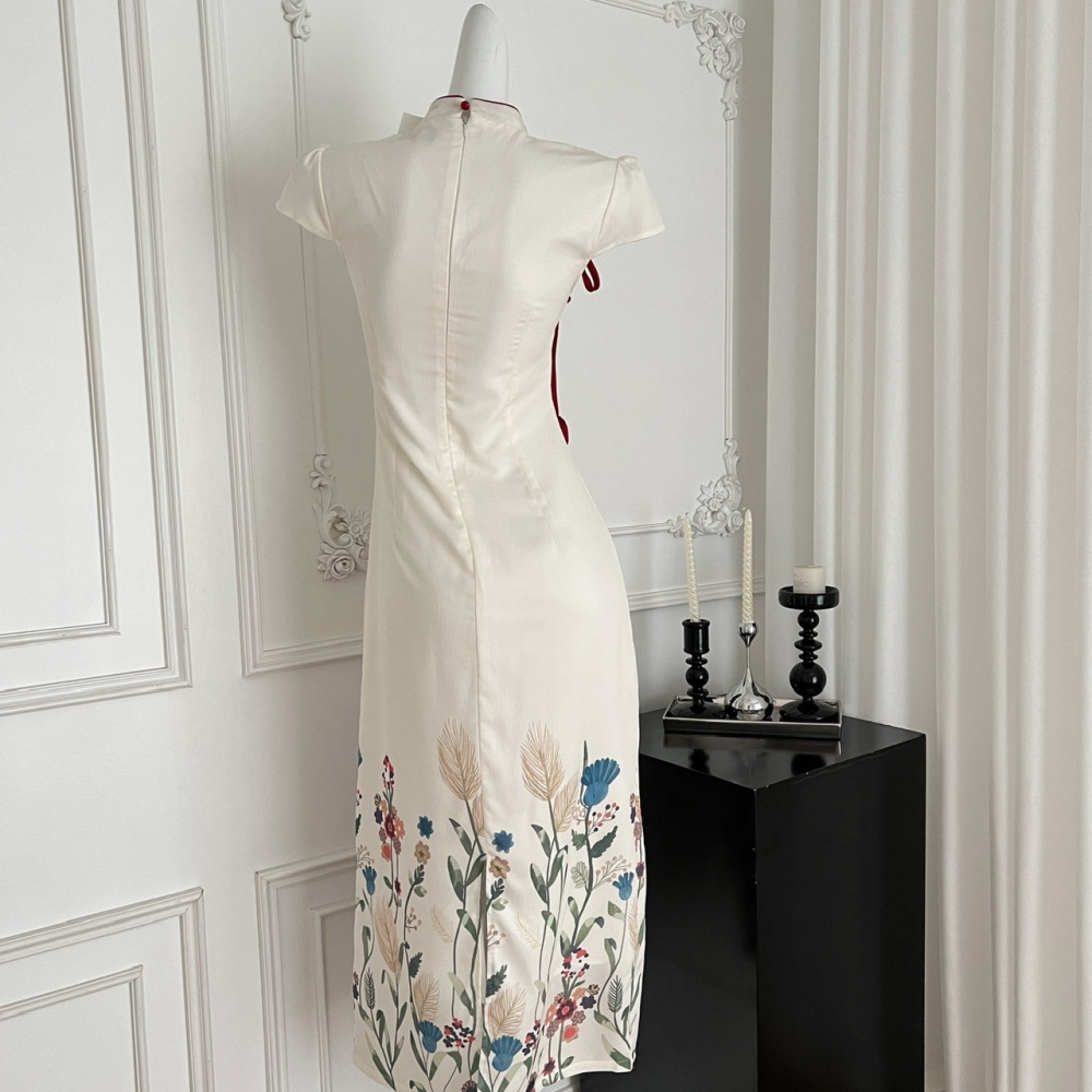 Cotton linen printing cheongsam summer dress for women