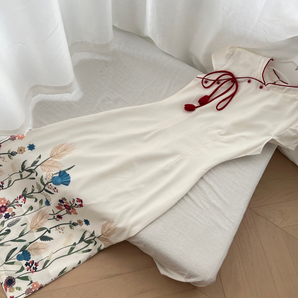 Cotton linen printing cheongsam summer dress for women