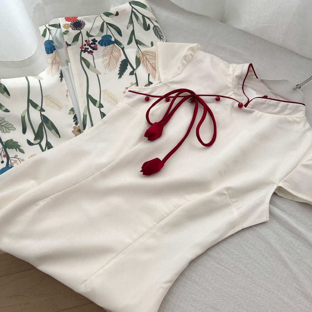 Cotton linen printing cheongsam summer dress for women