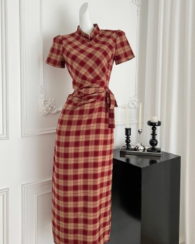 Spring and summer long dress plaid cheongsam