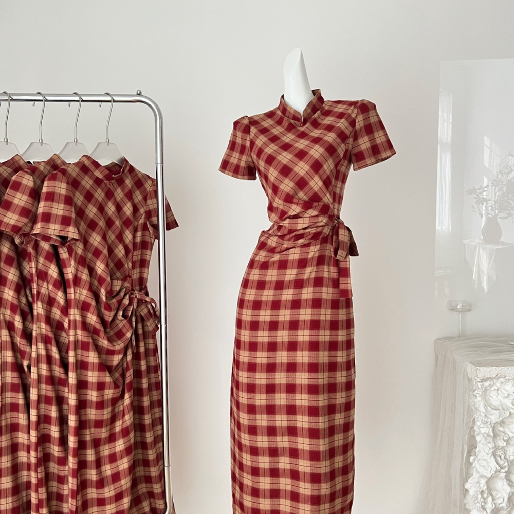 Spring and summer long dress plaid cheongsam