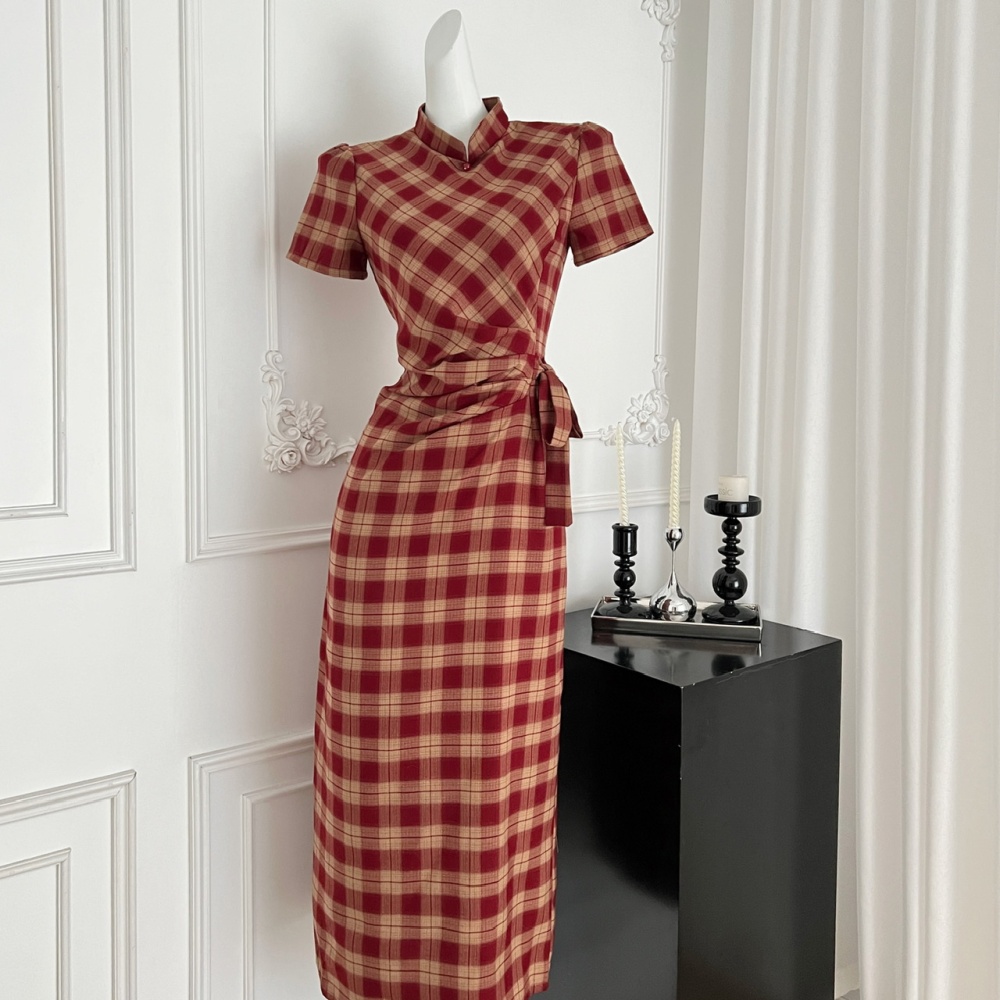 Spring and summer long dress plaid cheongsam