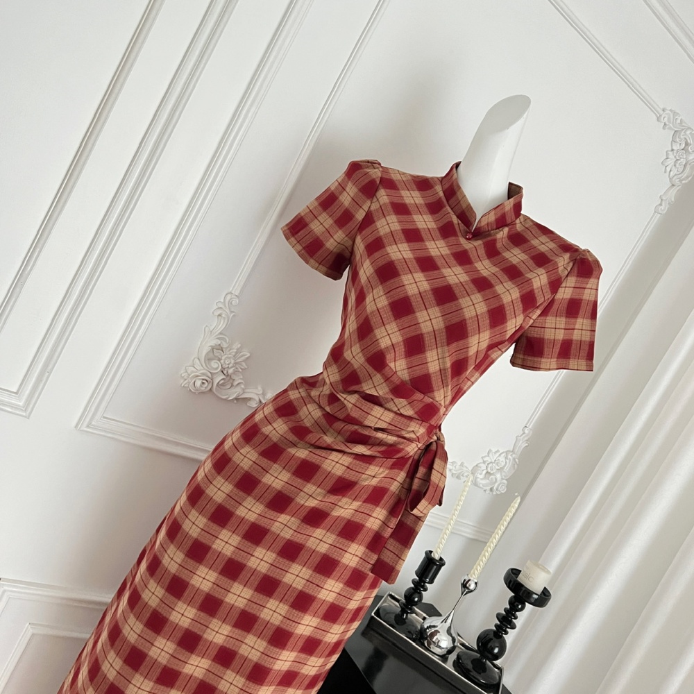Spring and summer long dress plaid cheongsam
