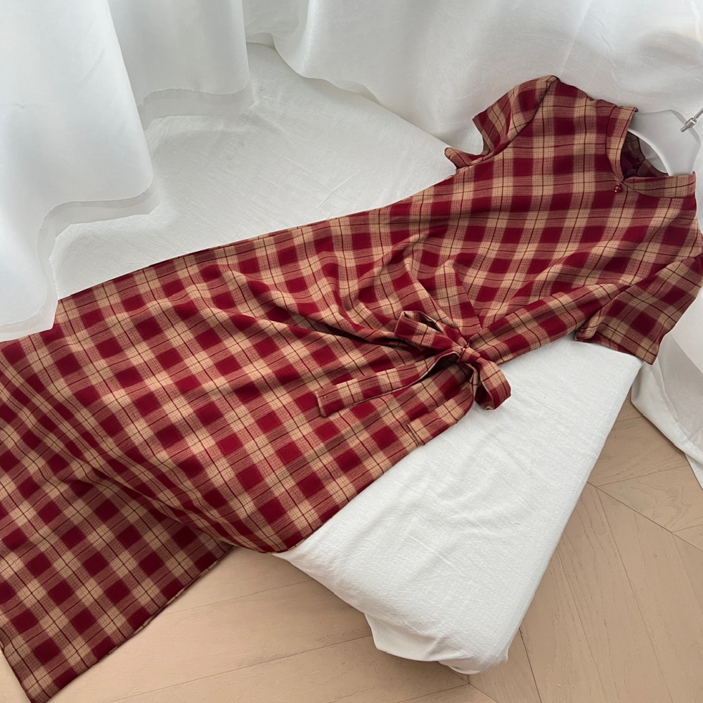Spring and summer long dress plaid cheongsam