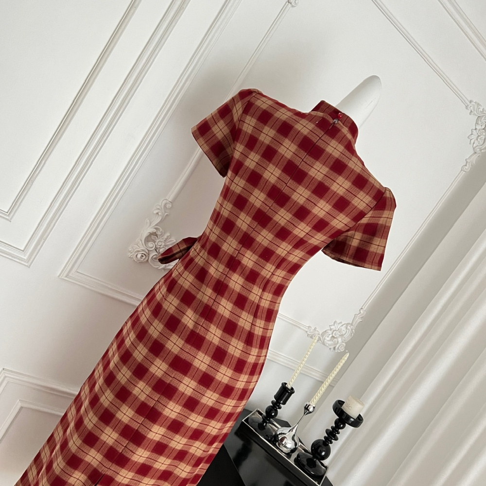 Spring and summer long dress plaid cheongsam