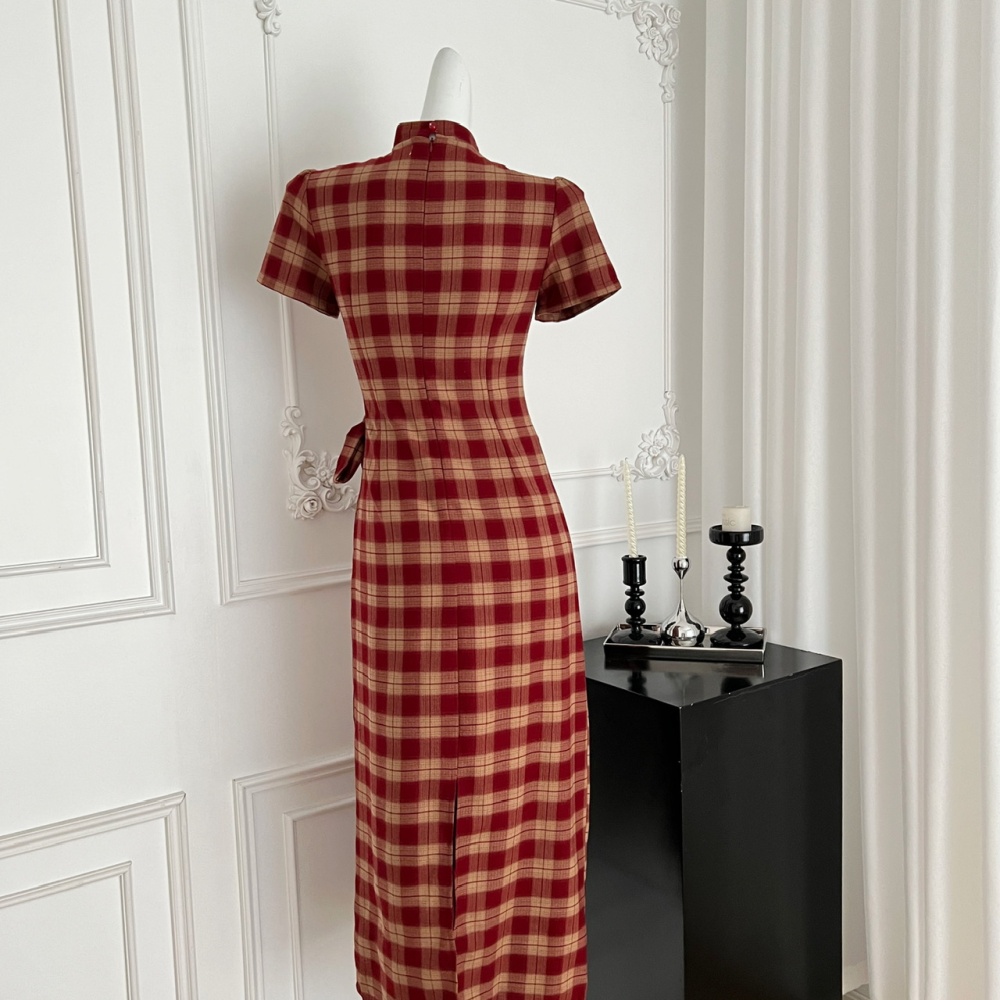Spring and summer long dress plaid cheongsam