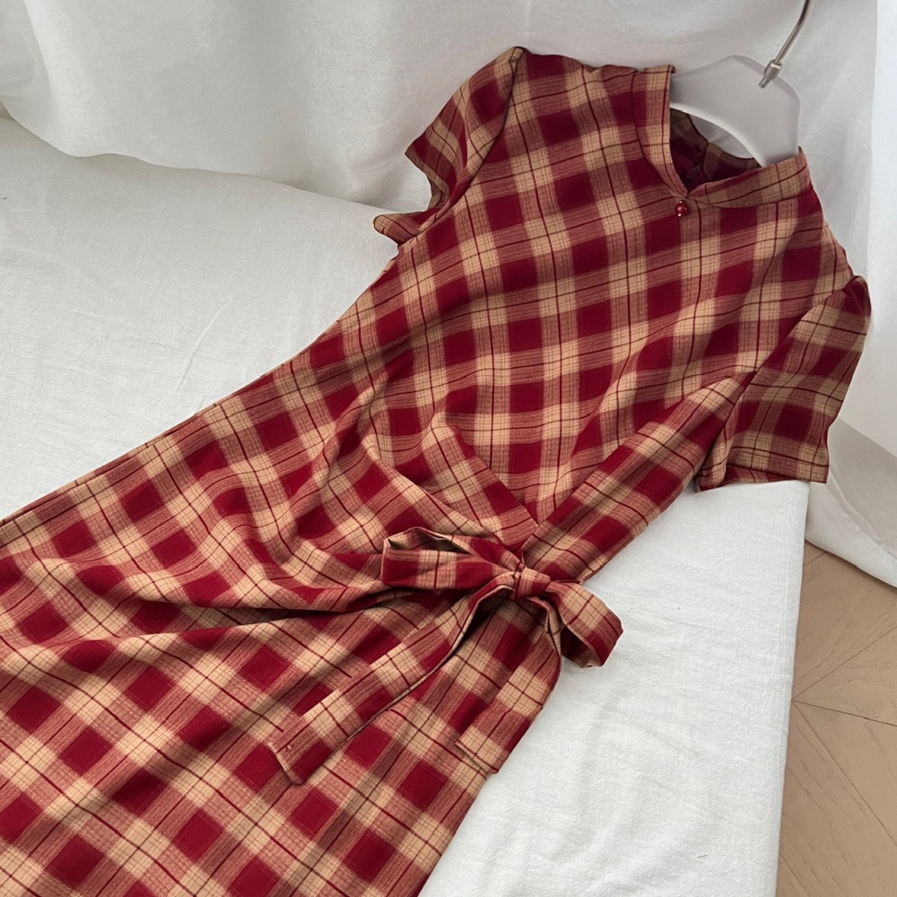Spring and summer long dress plaid cheongsam