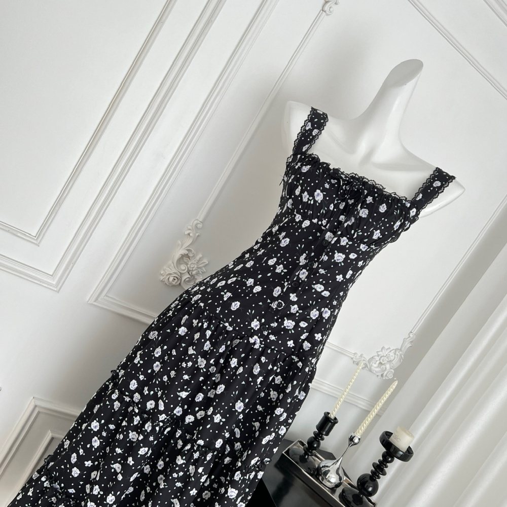 Lace chest drawstring big skirt sling splice dress