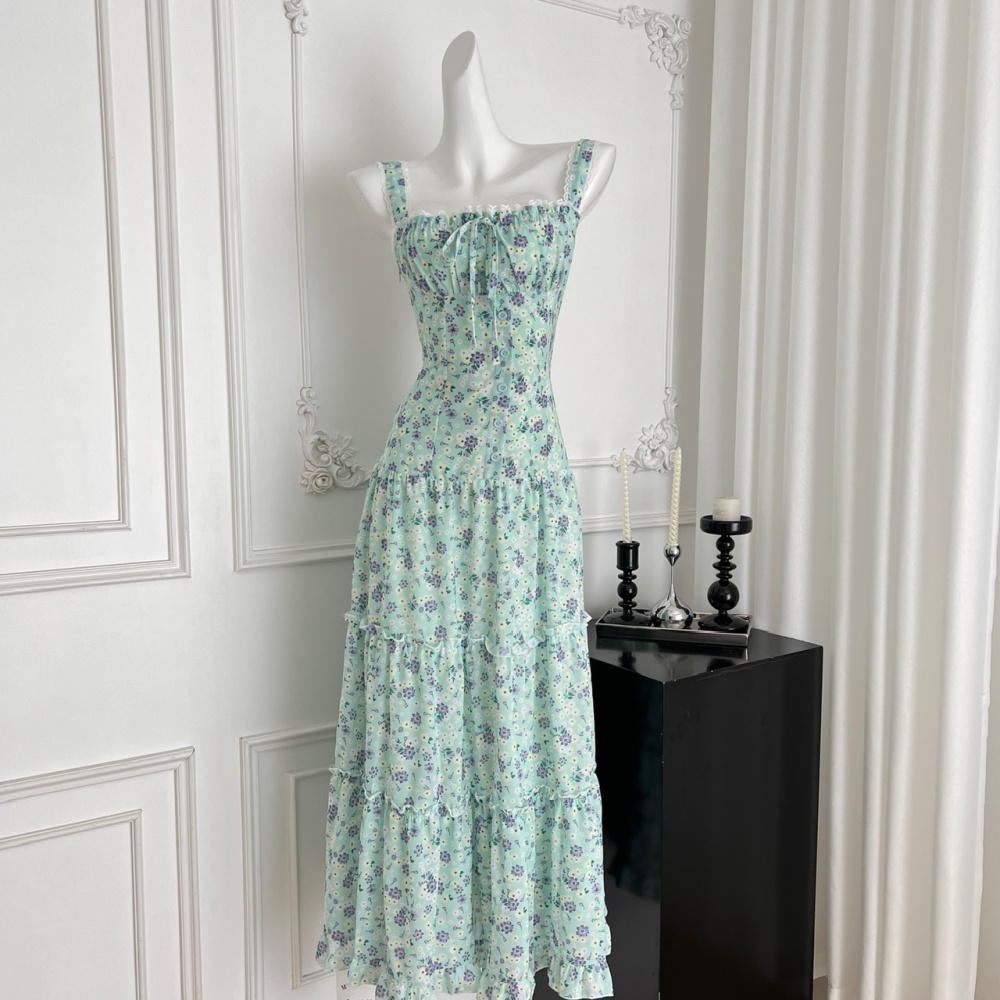 Lace chest drawstring big skirt sling splice dress