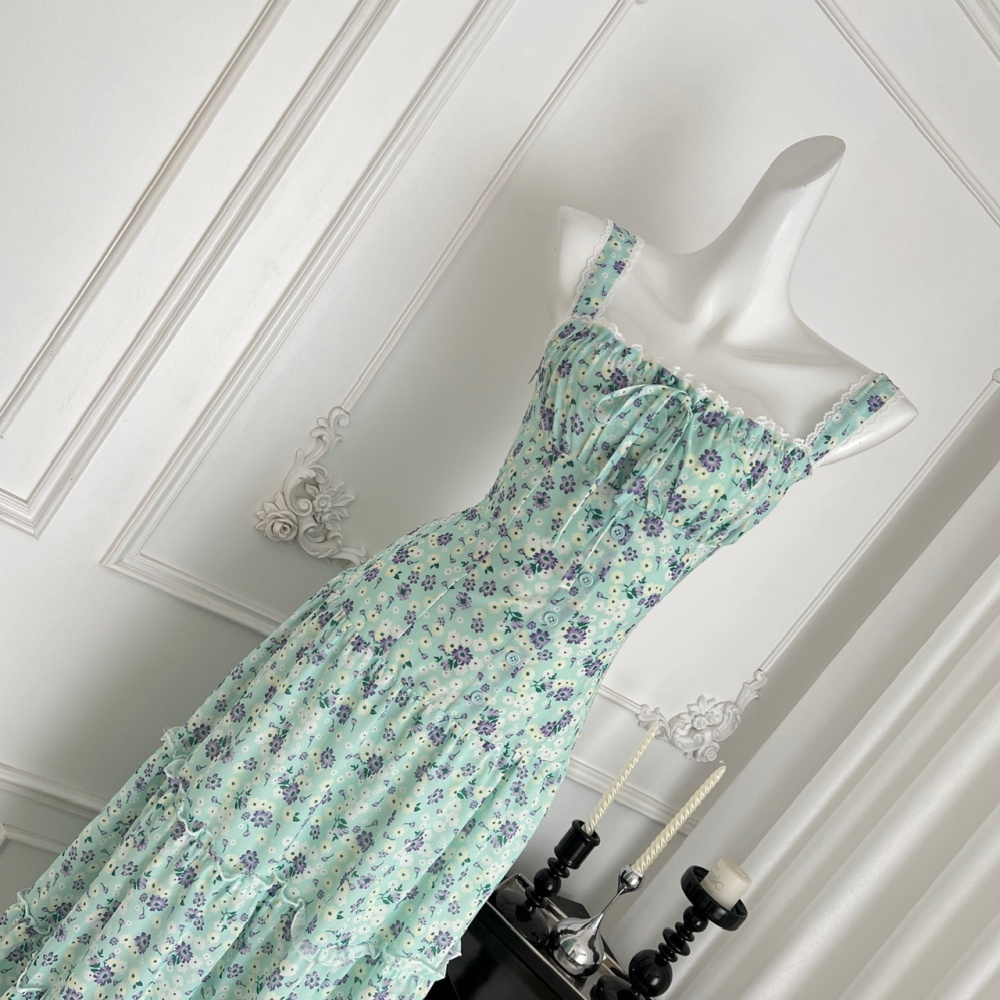 Lace chest drawstring big skirt sling splice dress