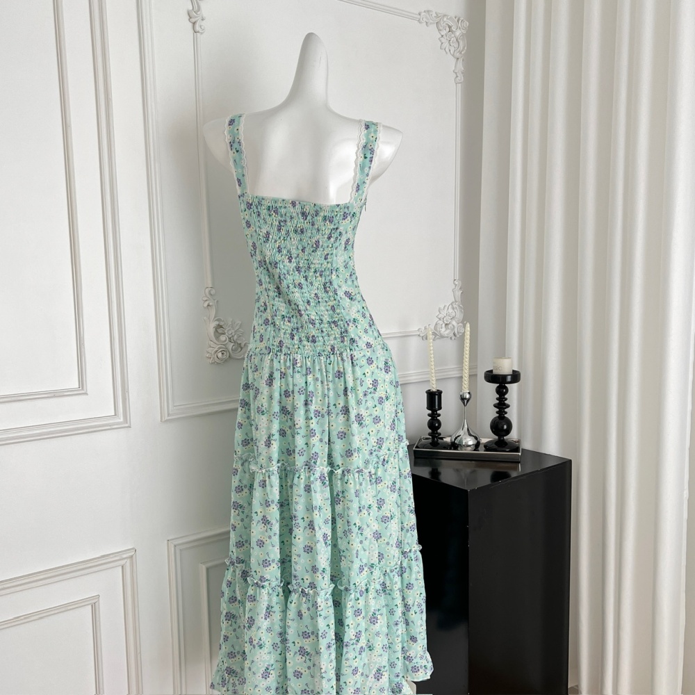 Lace chest drawstring big skirt sling splice dress