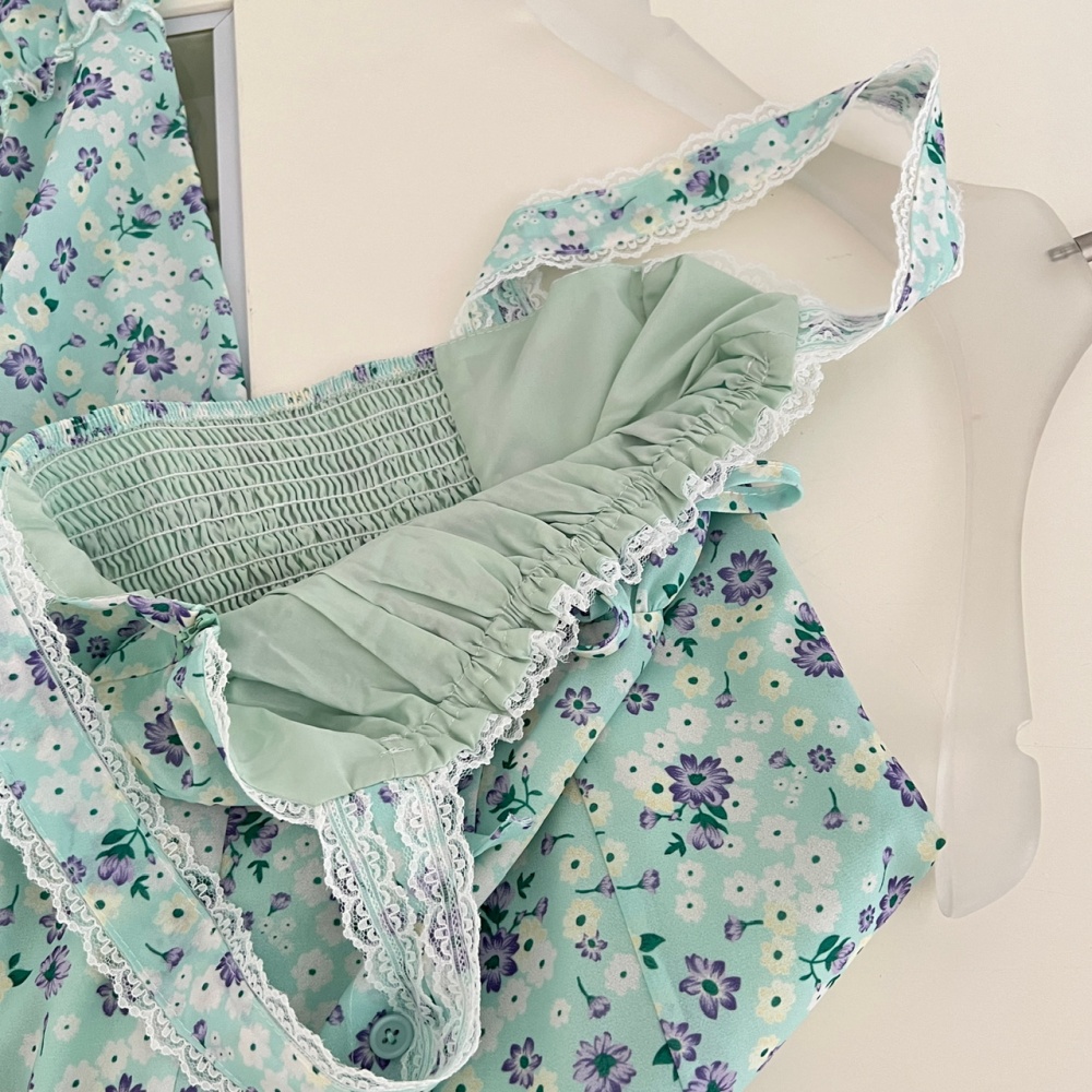 Lace chest drawstring big skirt sling splice dress