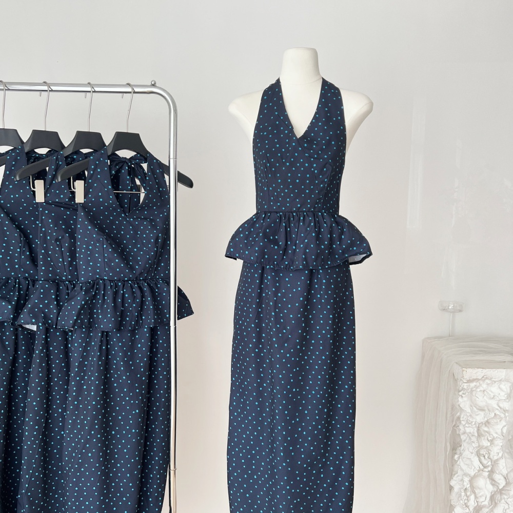 Sleeveless navy-blue sleeveless dress polka dot temperament dress