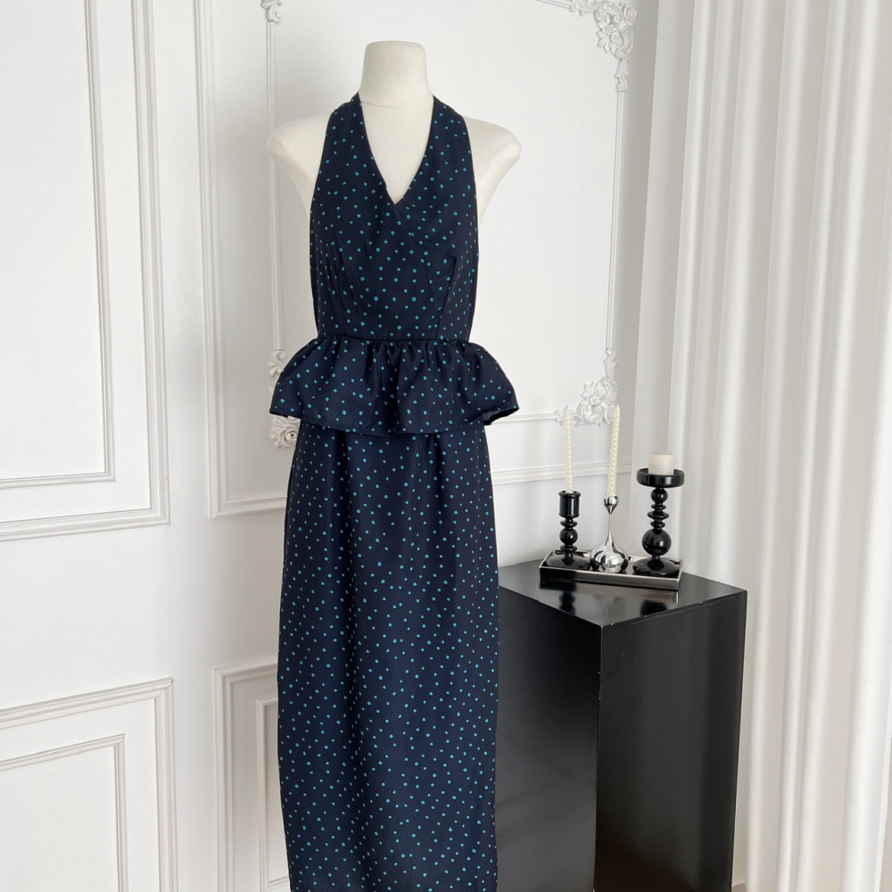 Sleeveless navy-blue sleeveless dress polka dot temperament dress