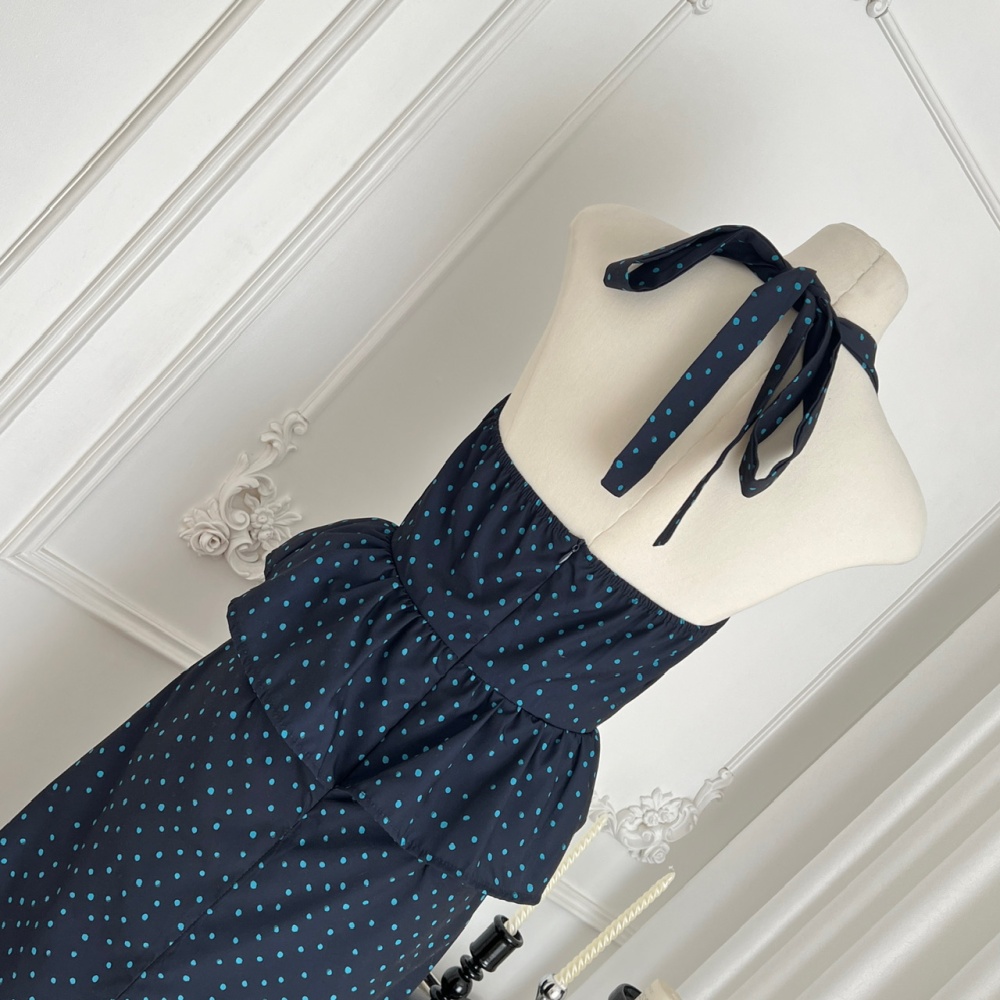 Sleeveless navy-blue sleeveless dress polka dot temperament dress