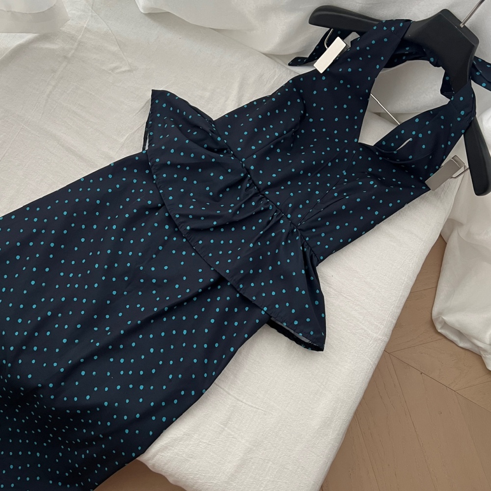 Sleeveless navy-blue sleeveless dress polka dot temperament dress