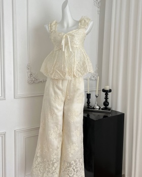Sling loose tops embroidered small wide leg pants a set