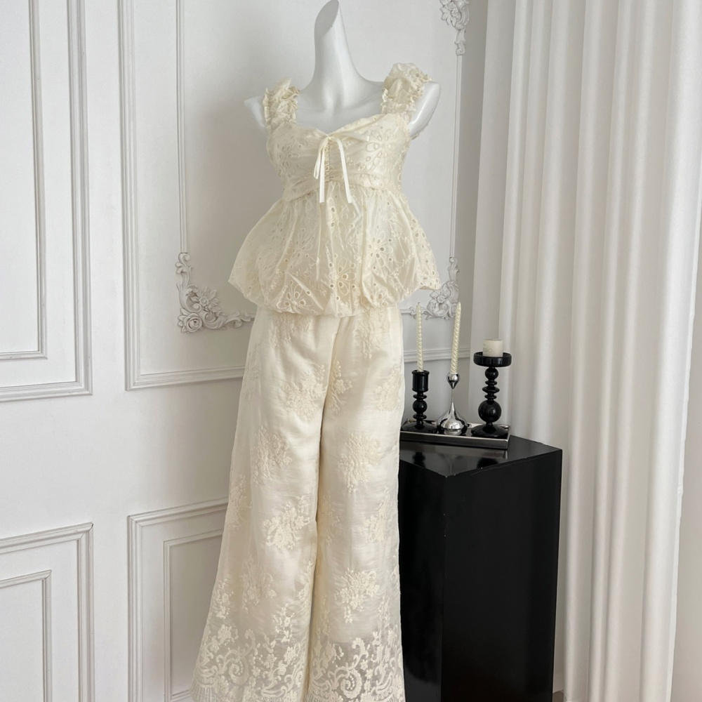 Sling loose tops embroidered small wide leg pants a set