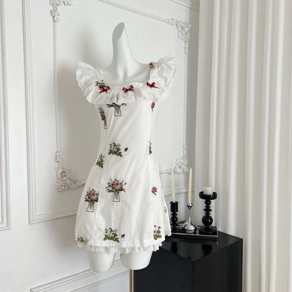 Square collar embroidery dress temperament colors T-back