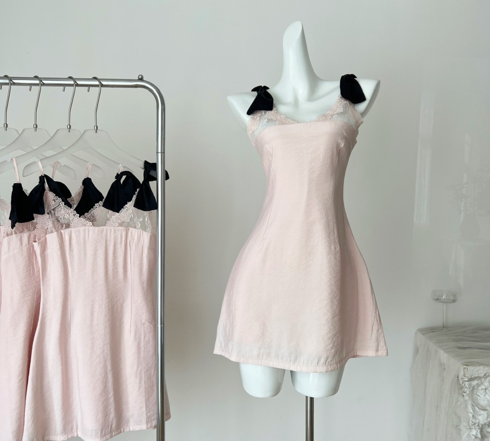 Bow short sweetheart sweet pinched waist sling dress